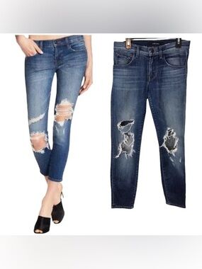 J Brand Cropped Skinny Jeans Mid Rise Distressed Troublemaker 29 Ankle Dark Wash